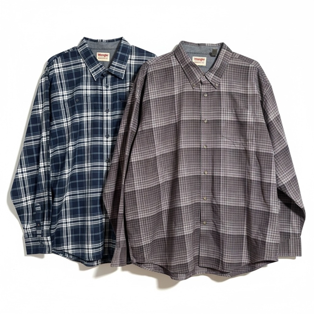Wrangler Authentics Mens 3XL‎ Plaid Button Down Shirts Bundle Navy Grey 2 Pack